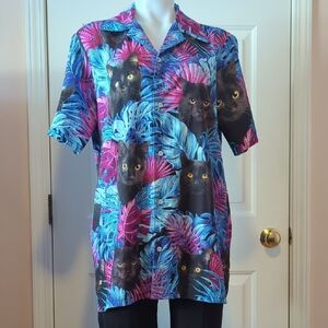 Tropical Black Cat All Over Print Men's Button Up Shirt Size XL